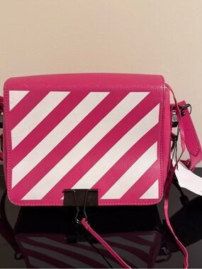 Off-White Pink and White Diagonal Stripe Flap Bag Authentic